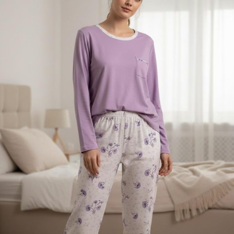 ženska pidžama lila okruglog izreza