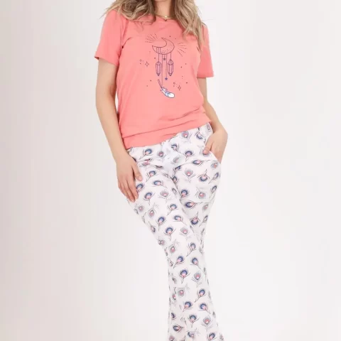 Ženska pidžama kratkih rukava i dugih nogavica s aplikacijom meseca boja breskve