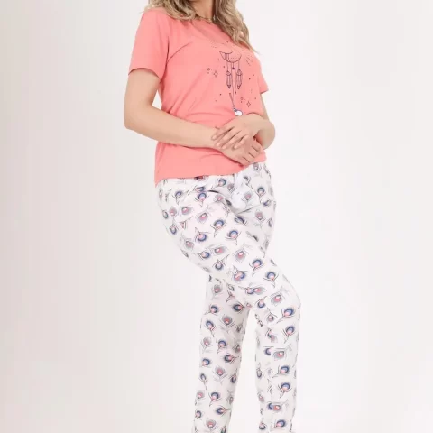 Ženska pidžama kratkih rukava i dugih nogavica s aplikacijom meseca i šarenim donjim delom