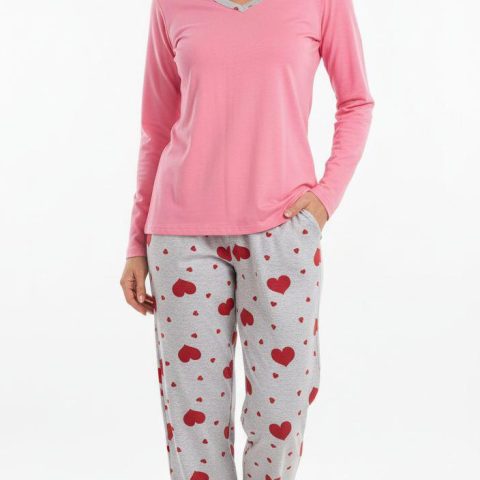 zenska pidzama dugih rukava v izreza roza