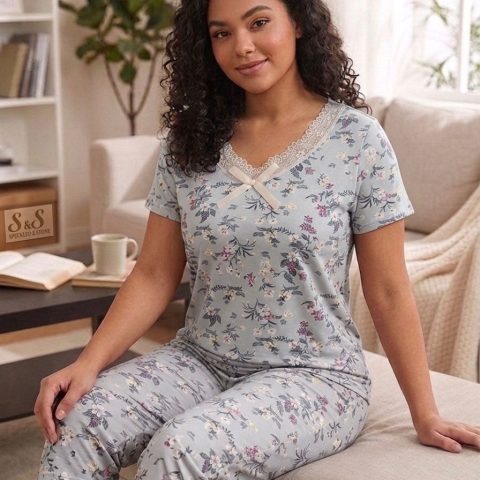 ženska pidžama ktratkih rukava i 3-4 pantalonama bledo lila